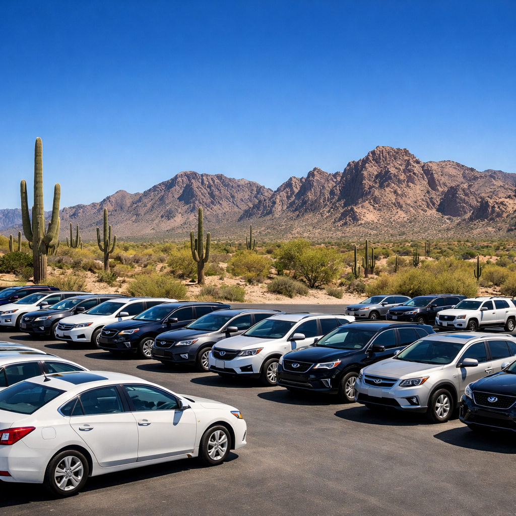 Independent auto dealership lot in Arizona with saguaro cacti and desert mountains in the background