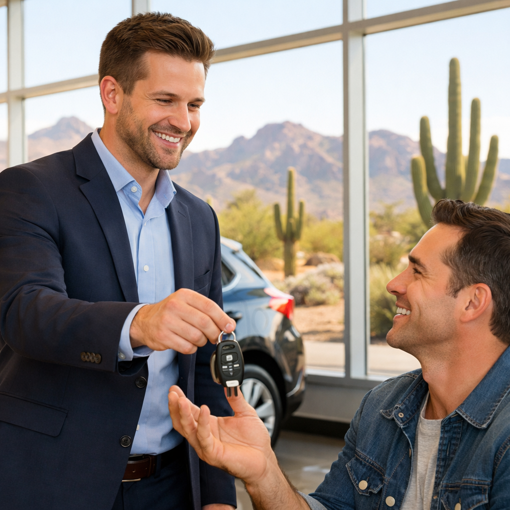 Arizona auto dealer handing keys to a customer in a modern showroom