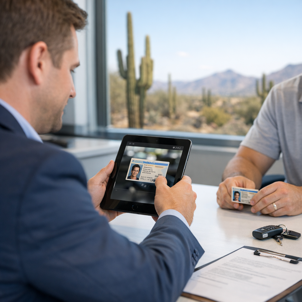 Dealer verifying a customer identity on a tablet at an Arizona car dealership