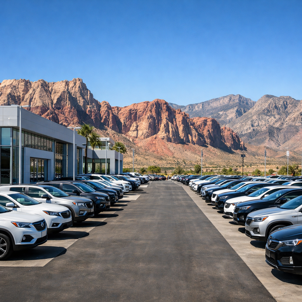 New-car dealership lot in Nevada with Red Rock Canyon cliffs and desert mountains in the background