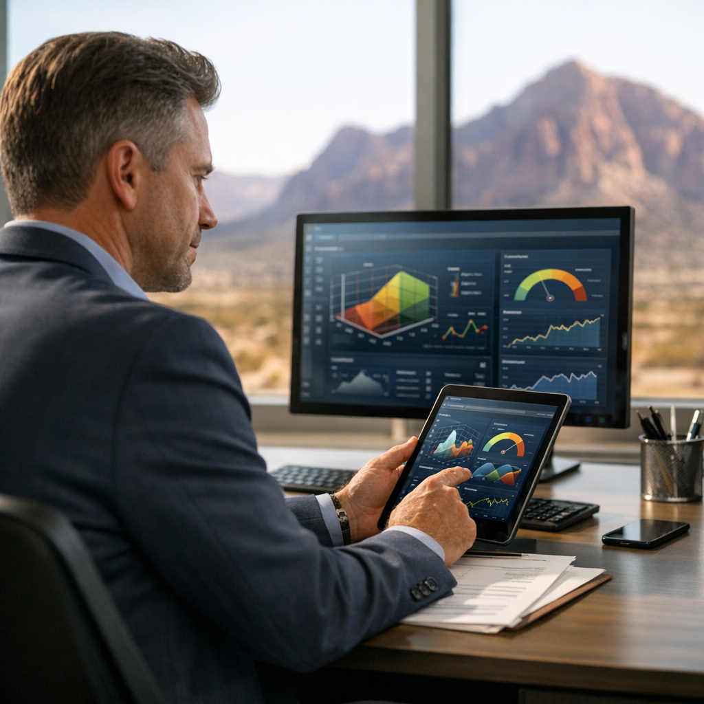 Dealership finance manager reviewing an AI risk-analysis dashboard at a Nevada auto dealership