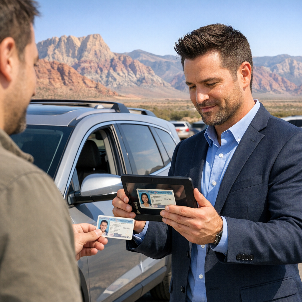 Salesperson verifying a driver's license before a test drive at a Nevada dealership